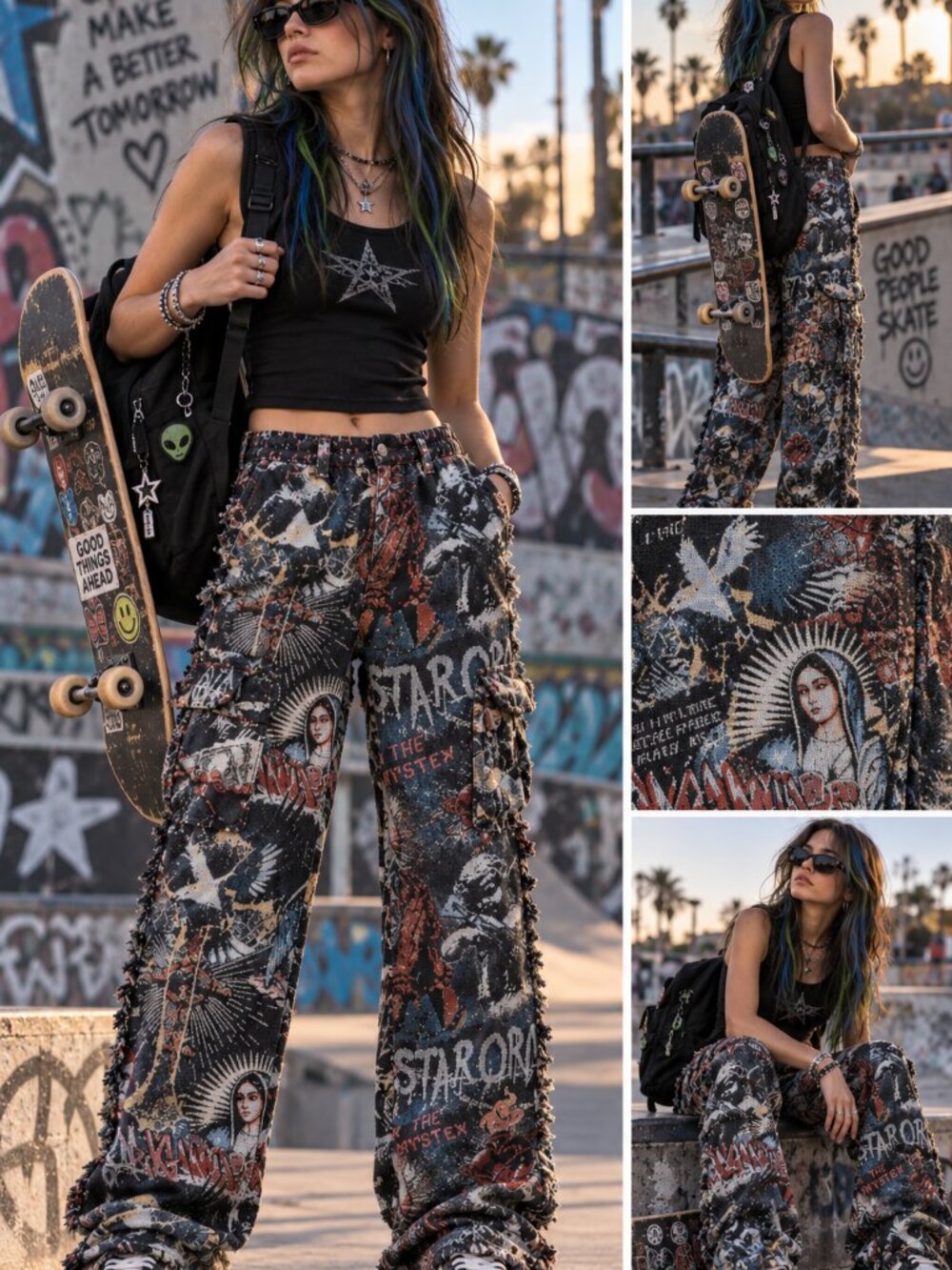🔥🎨 NWT Rockstar Original "Dalai Multi Stacked" Tapestry Cargo Jeans | 30